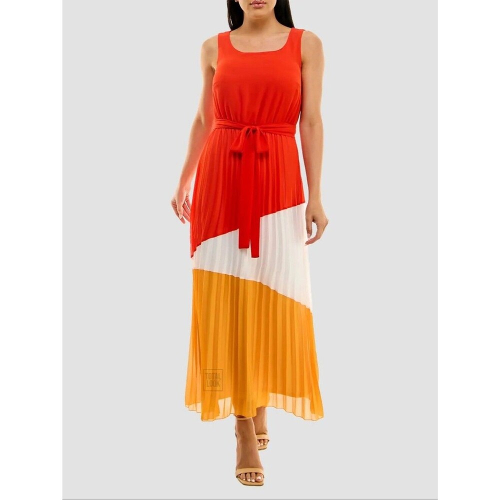 NEW Nina Leonard Bright Orange & White Colorblock Maxi Dress Size Medium Womens